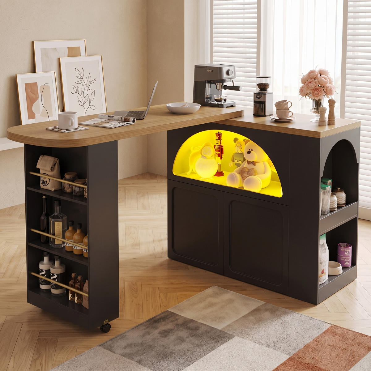 BARTISCH Ausziehbar 138-220cm Holzoptik mit Weinregal & Schubladen - Schwarz, Holzwerkstoff (39/205/100cm) - Urban Meuble