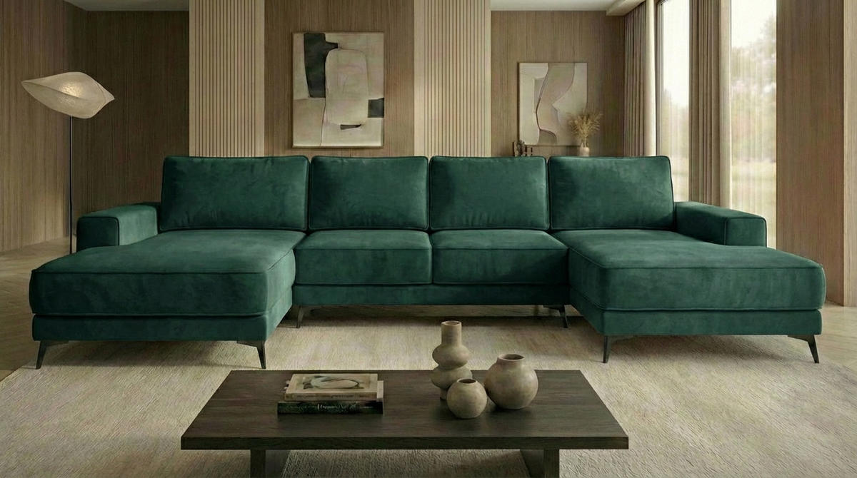 ECKSOFA VALTOR 320 cm x 185 cm – Stoff: VELUTTO Dunkelgrun 10 Farbe: Grün - Grün, Textil (320/185cm) - A&J MöbelLand