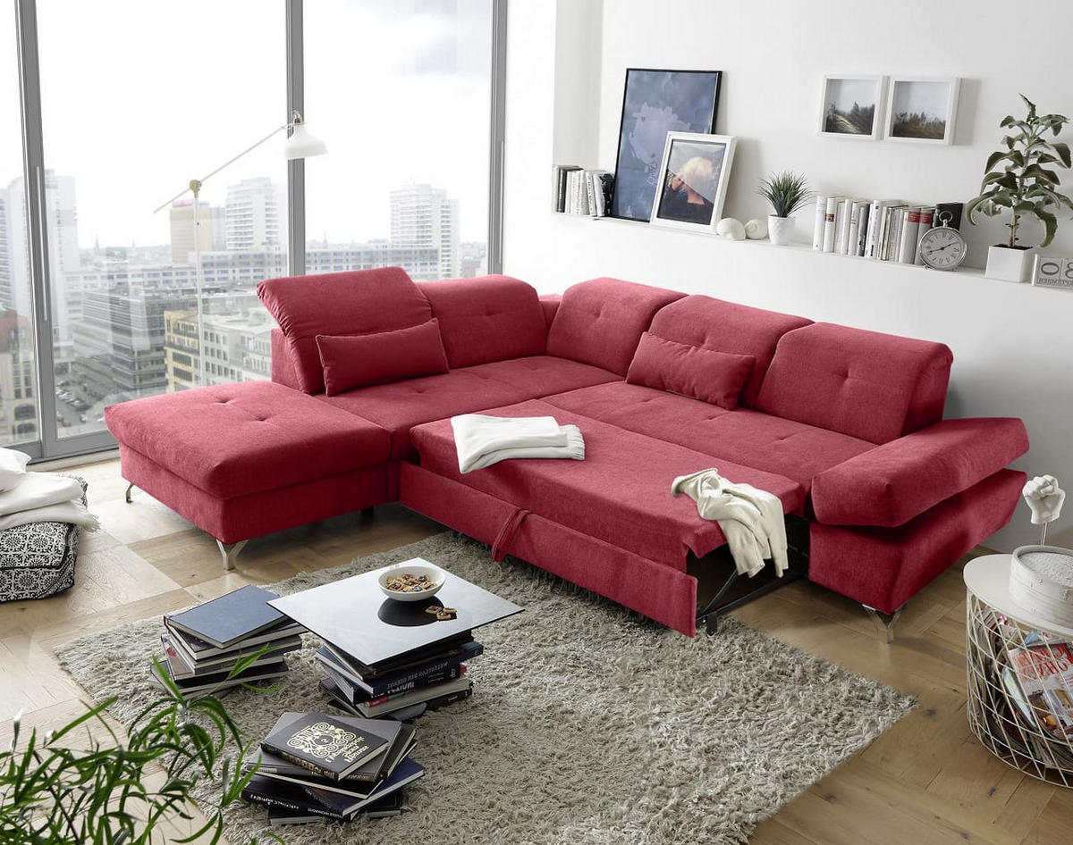 ECKSOFA mit Schlaffunktion und verstellbaren Kopflehnen - Chromfarben/Rot, Textil/Metall (275/245cm) - ed exciting design