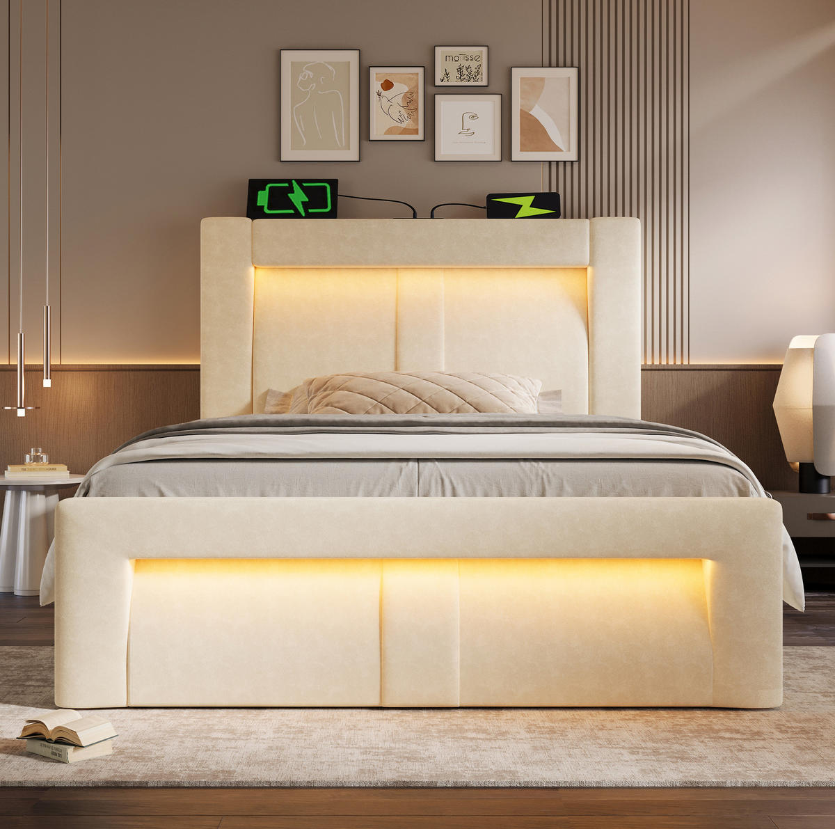 BETT mit Stauraum 90x200 cm Samt Beige inkl. Matratze - Beige, Metall (90/200cm) - Meubliv