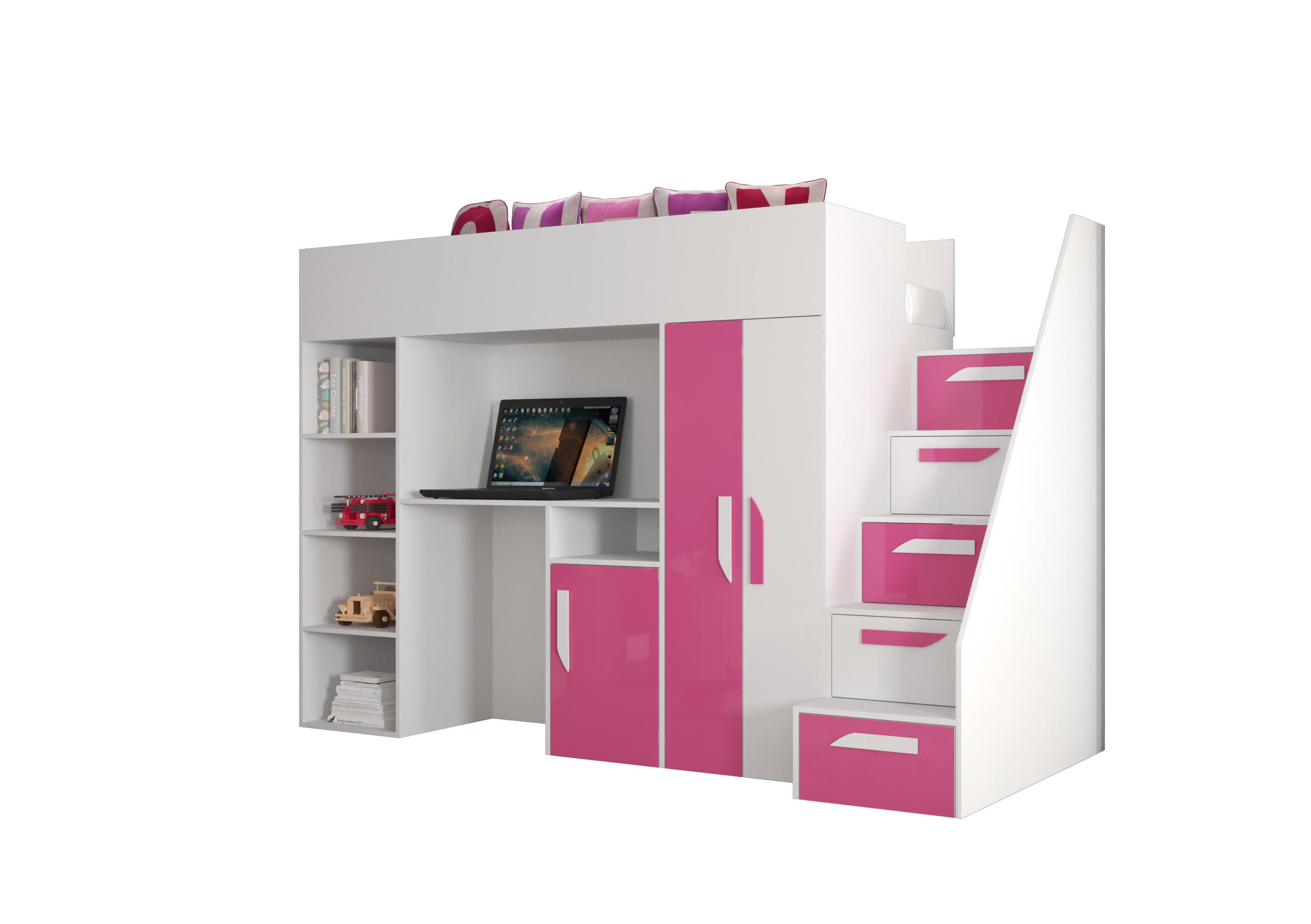 Abiks Möbel Hochbett Weiß, Pink 90x200 cm