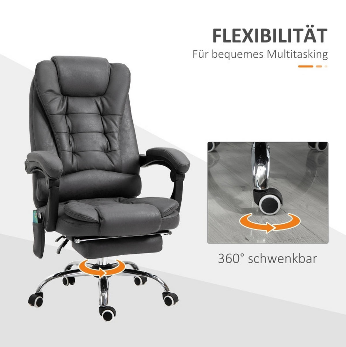 DREHSTUHL 70/65/111-119 cm dunkelgrau aus Polyester mit Massagefunktion und Fußstütze - Dunkelgrau, Kunststoff (70/119/65cm) - OKWISH