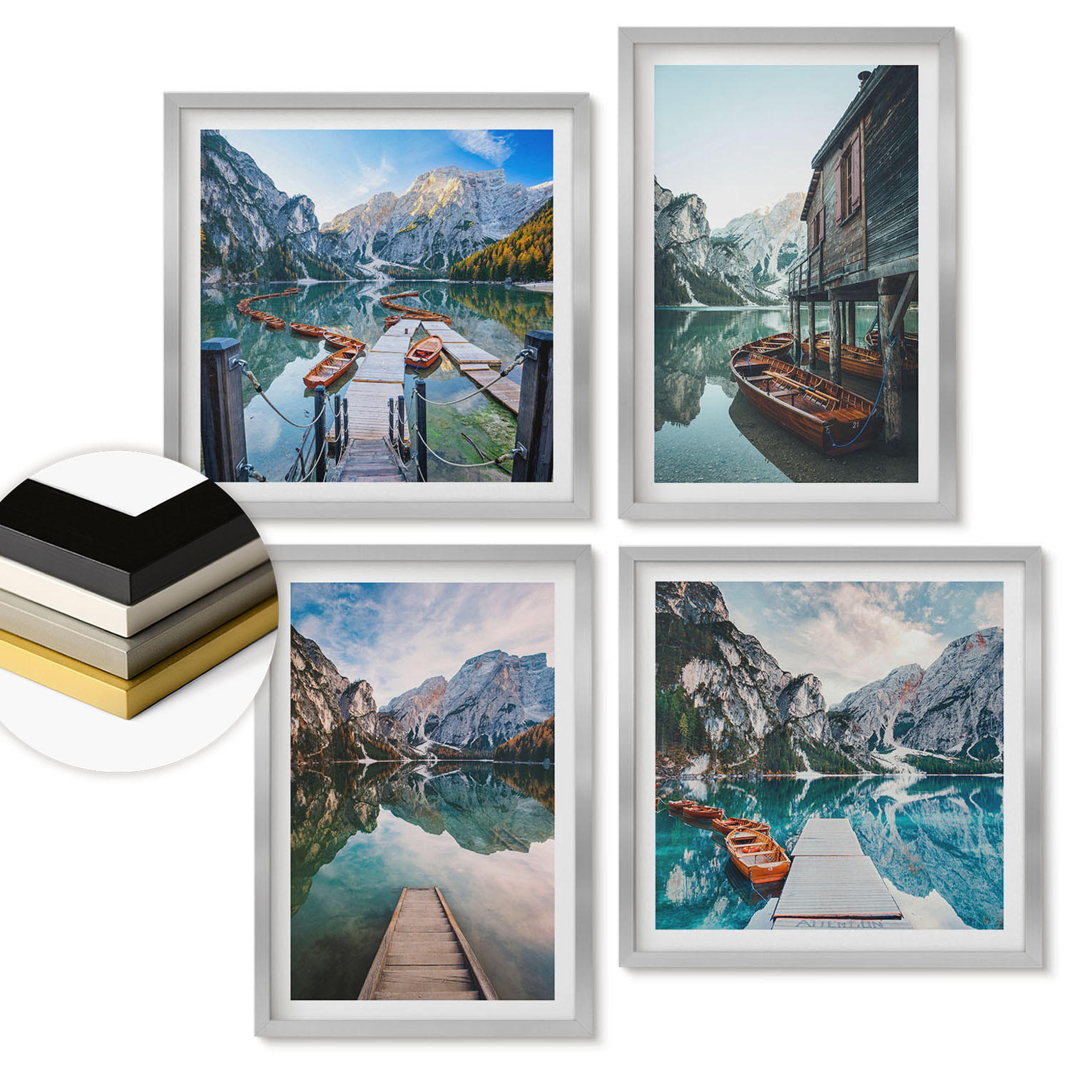WANDBILDER 4er Set - 50x50 cm & 40x60 cm Silberner Rahmen - See Berge Holzboote - Silberfarben, Kunststoff (50/50cm) - ArtPrintCave