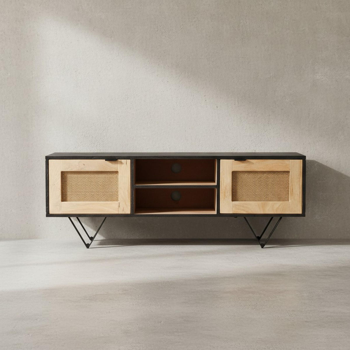 LOWBOARD Mango Massivholz Rattan Modern Stil 120x44x35 cm mit zwei Türen und Kabeldurchlass - Schwarz, Holz/Metall (120/44/35cm) - KADIMA DESIGN