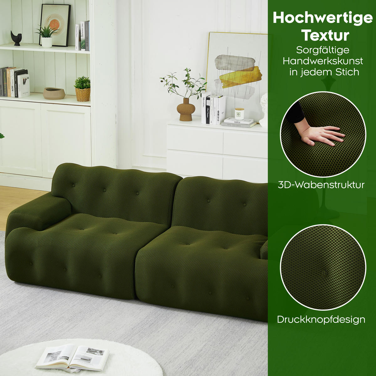 2-SITZER SOFA Grün mit Knopfverzierung und Armlehnen - Dunkelgrün, Textil (224/66/104cm) - WISHDOR