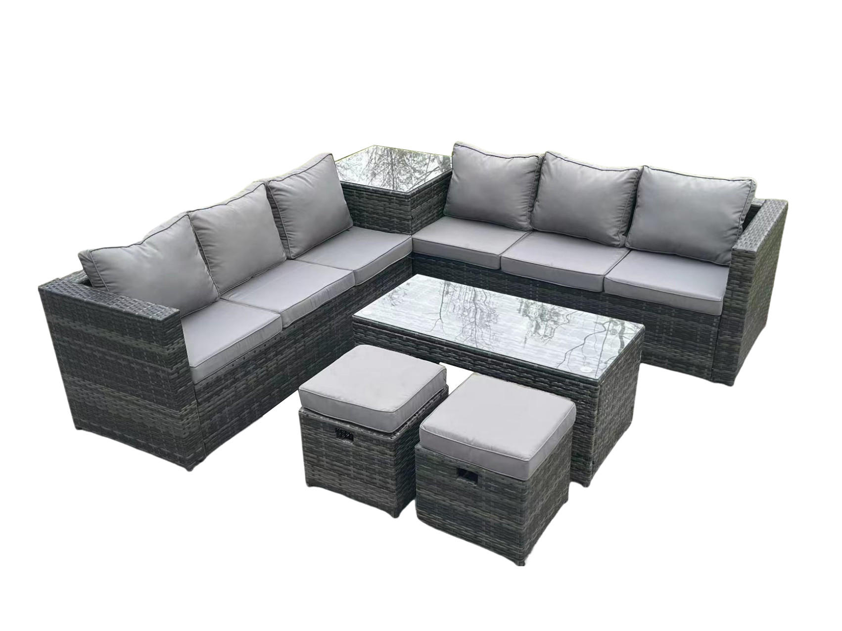 GARTENMÖBELSET mit Couchtisch Polyrattan 6-Sitzer - Dunkelgrau/Grau, Glas/Kunststoff - Fimous