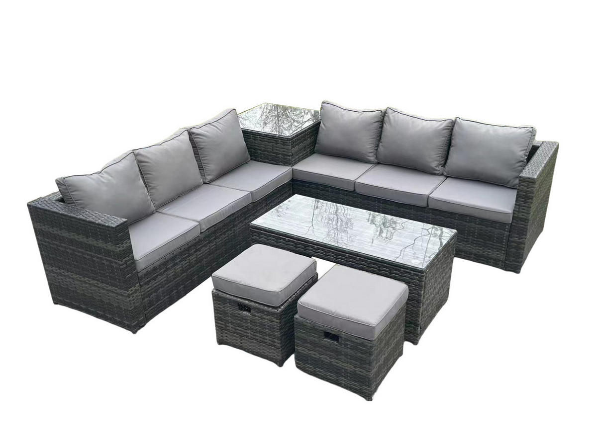 GARTENMÖBELSET mit Couchtisch Polyrattan 6-Sitzer - Dunkelgrau/Grau, Glas/Kunststoff - Fimous