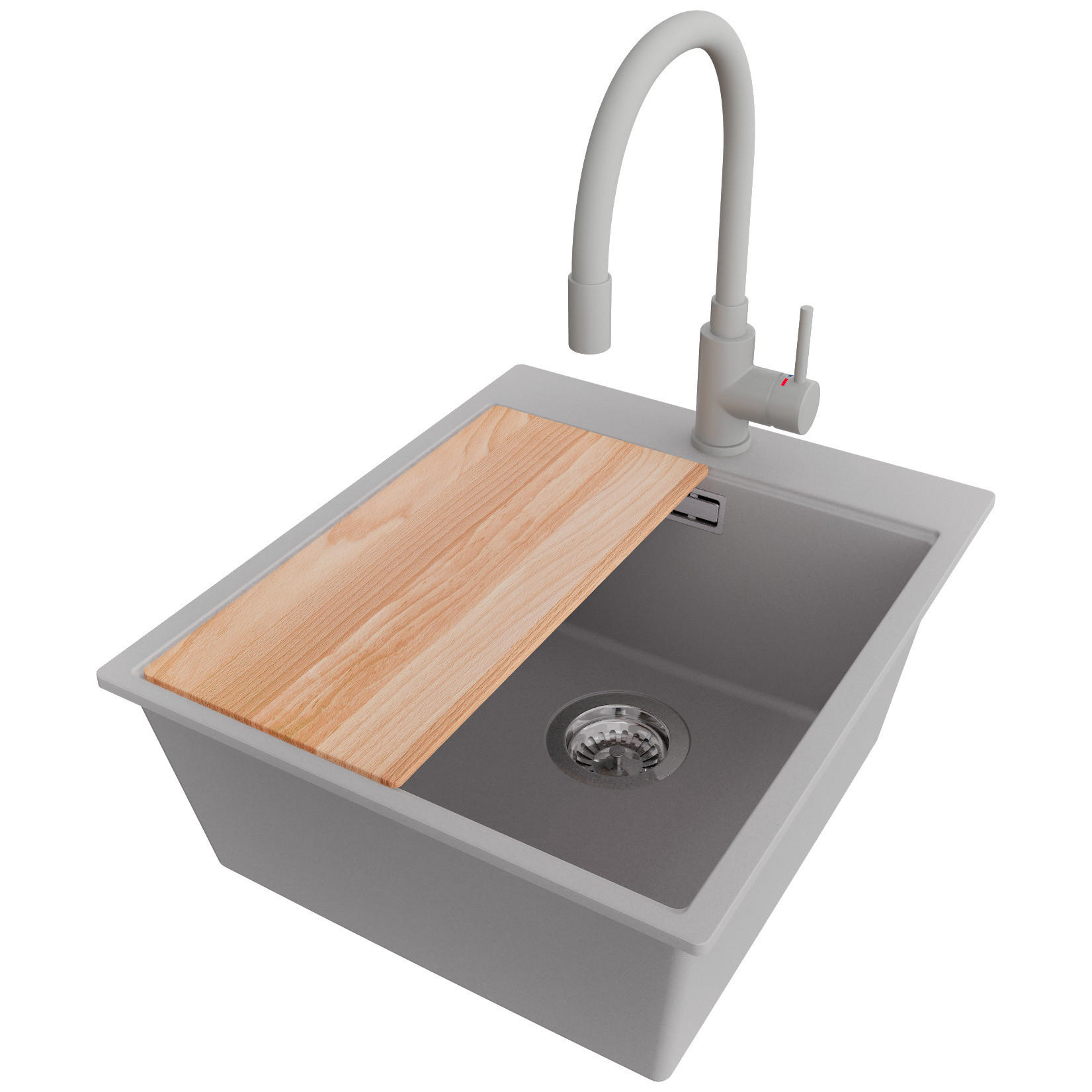 GRANITSPÜLE Oslo, 2-er set Grau 43/50 cm 1 Becken + Küchenarmatur 38/14 cm + Ablauf-Set + Schneidebrett ab 45er Unterschrank - Chromfarben/Beige, Kunststoff (43/20/50cm) - Primagran