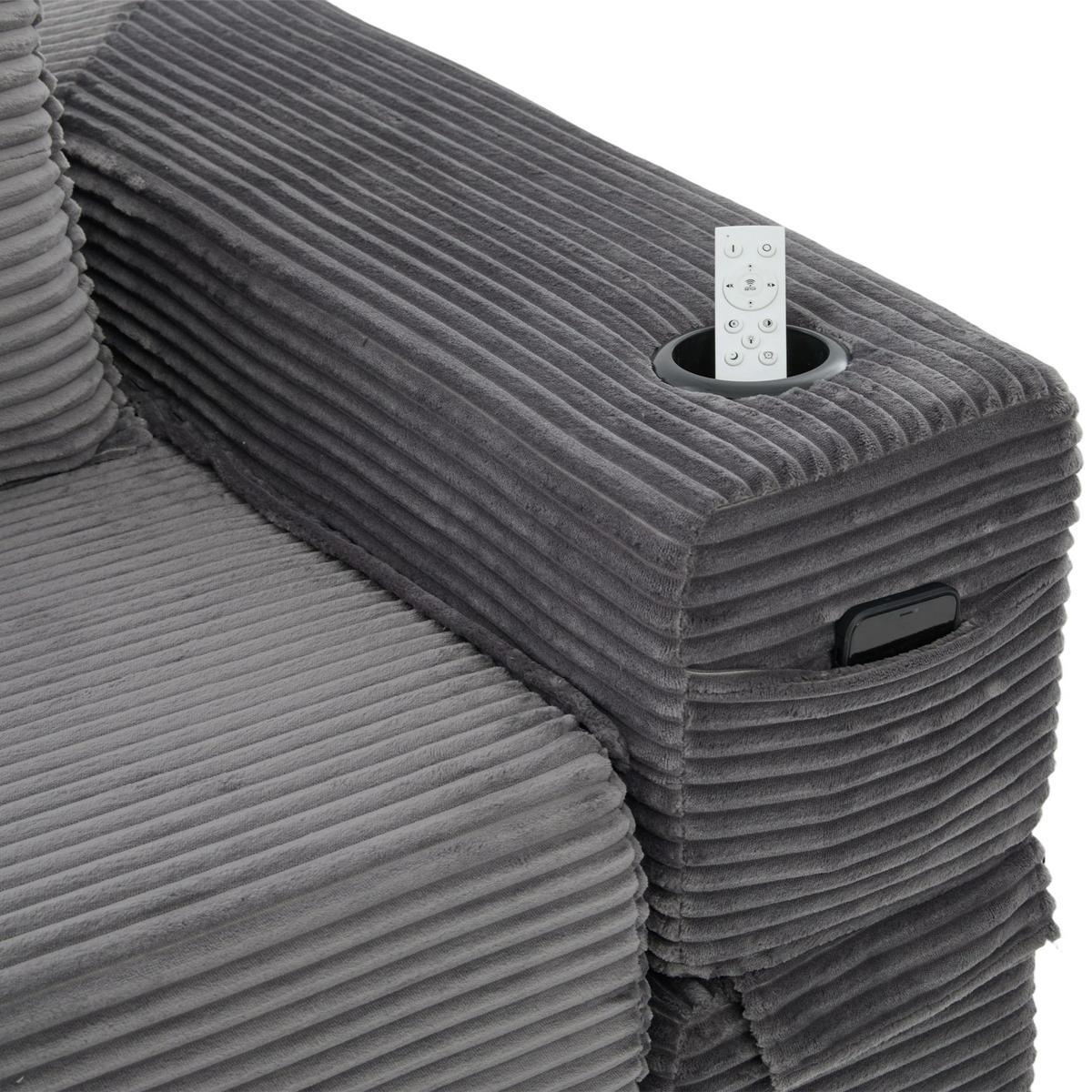 SCHLAFSOFA mit Schlafunktion, Getränkehalter und Federkern aus Cord - Dunkelgrau, Textil (122/80/98cm) - EVRYAE