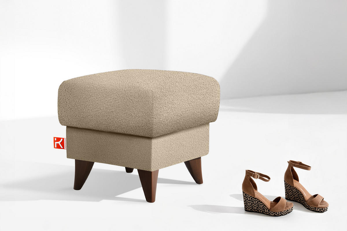 HOCKER GUSTAVO Fußstütze, Bouclé, Beige - Beige, Holz/Holzwerkstoff (53/49/53cm) - KONSIMO®