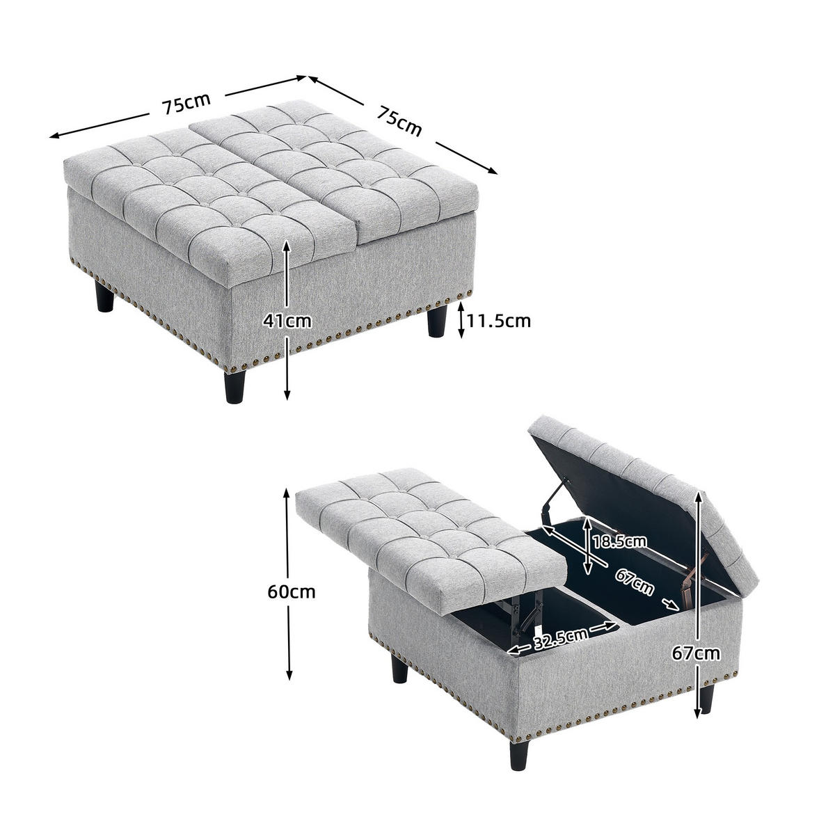 HOCKER Couchtisch,Aufbewahrungsstuhl,höhenverstellbar,Leinen,Grau - Grau, Metall (75/41/75cm) - LVHOM