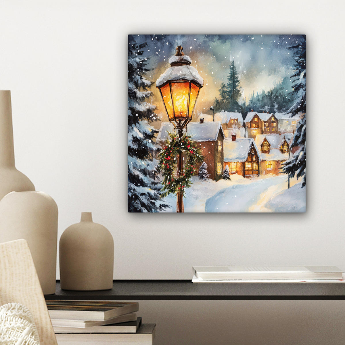 LEINWANDBILD Weihnachtsdorf - Häuser - Schnee - Weihnachten 20x20 cm - Sandfarben, Textil (20/20cm) - MuchoWow