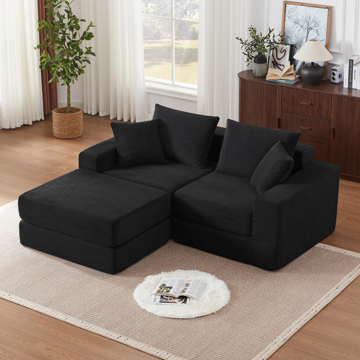 SOFA modular 2-Sitzer Cord Schwarz - Schwarz, Kunststoff (96/259.5cm) - Meubliv