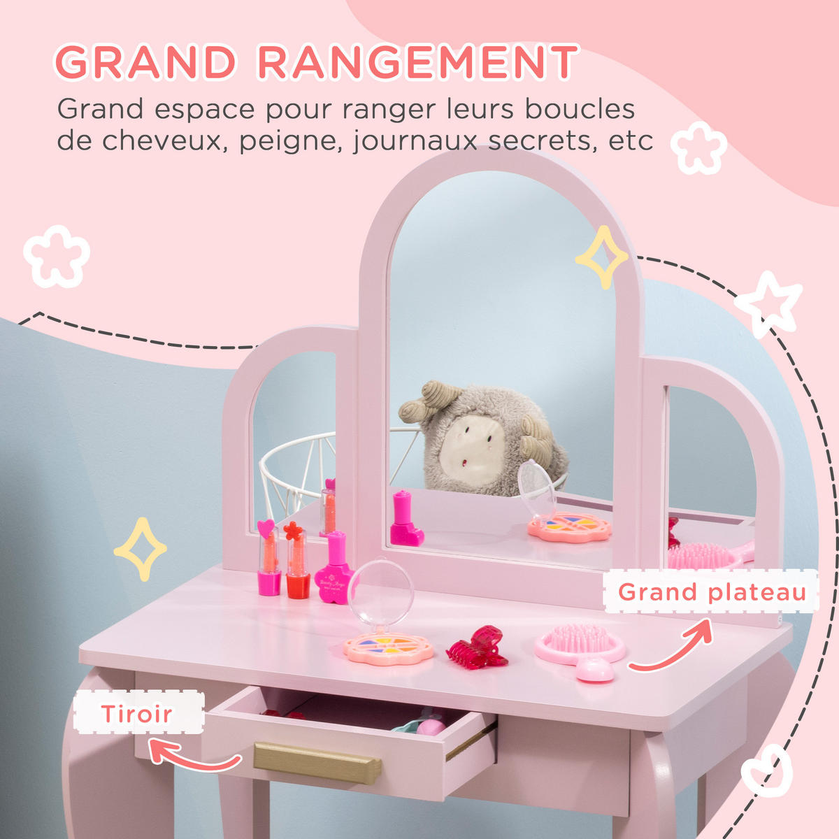 KINDERSCHMINKTISCH DE-18629 3 Spiegel, Schublade & Hocker Pink - Pink, Holzwerkstoff (32/85/52cm) - ComfortXL