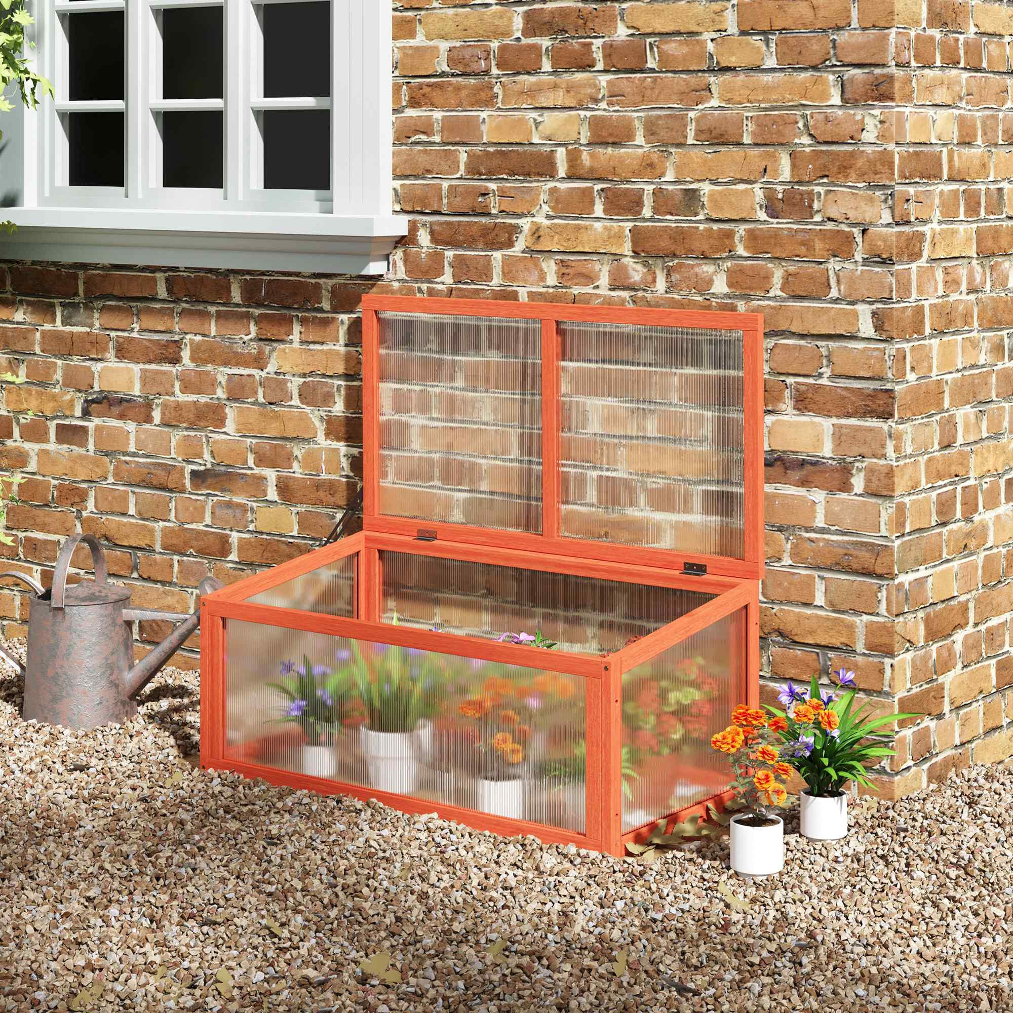 GEWÄCHSHAUS Pflanzenbeet mit Abdeckung, Tannenholz, Polycarbonat, Orange - Orange, Holz/Kunststoff (46/40/90cm) - Outsunny