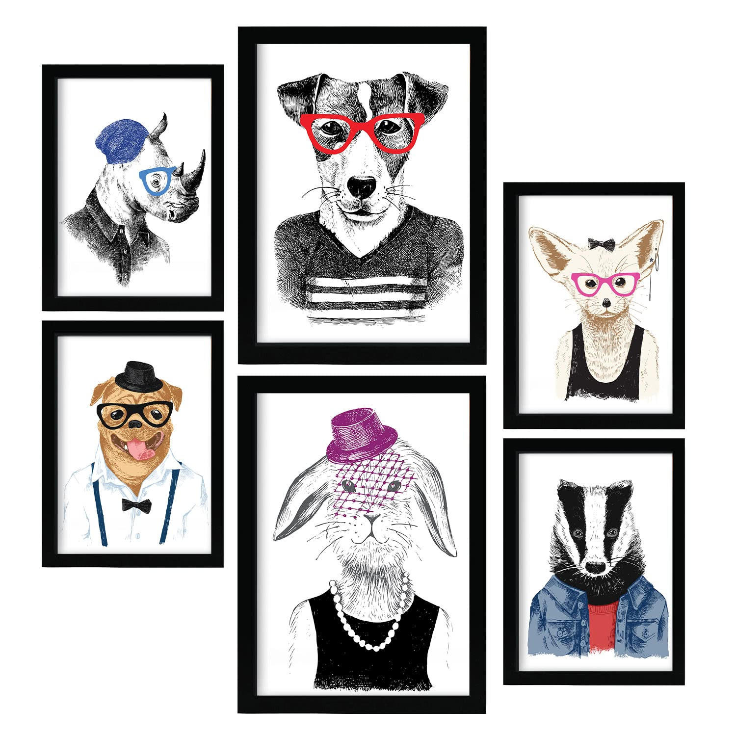 POSTER Set Mit 6 Edle Tiere Im Farbenfrohen Handgezeichneten Stil Weißer A3 & A4 Rahmenlos - Klar, Papier (29/3cm) - Nacnic