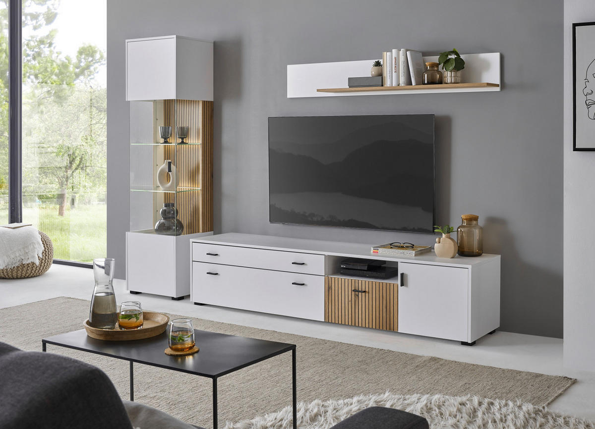WOHNWAND weiß matt, Eiche 3-teilig 258 x 180 cm, Schrankwand mit viel Stauraum und Soft-Close-Funktion - Eichefarben/Schwarz, Glas/Holzwerkstoff (258/180/42cm)