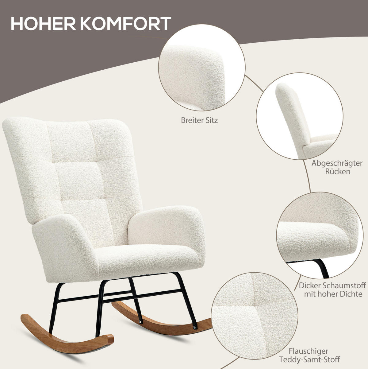 SCHAUKELSTUHL Teddybezug mit Armlehnen 70/94/100 cm Creme - Creme, Textil (70/100/94cm) - Redom