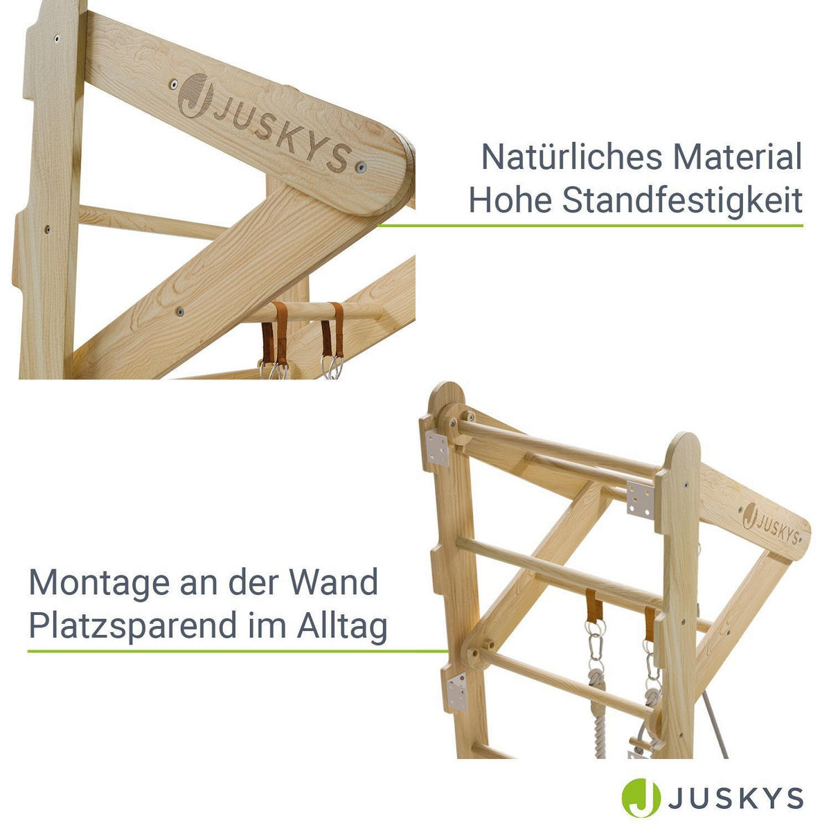 SPROSSENWAND für Kinder mit Turnringen - Naturfarben, Holz (62/57cm) - Juskys