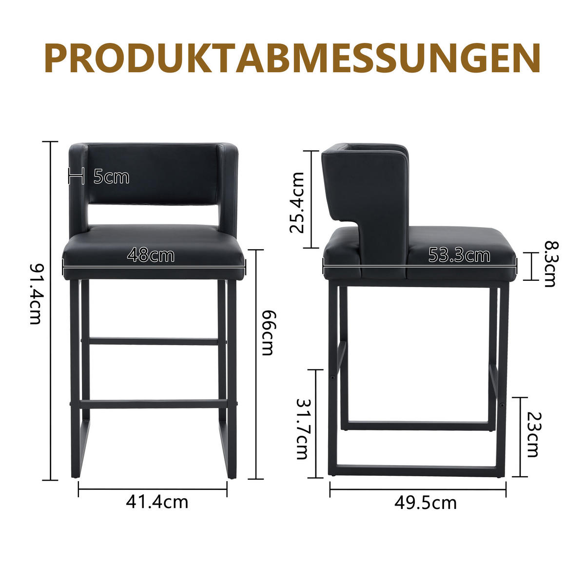 BARHOCKER 2er-Set Schwarz mit PU-Leder und Metallbeinen - Schwarz, Metall (48/91.4/53.3cm) - PANGIVO