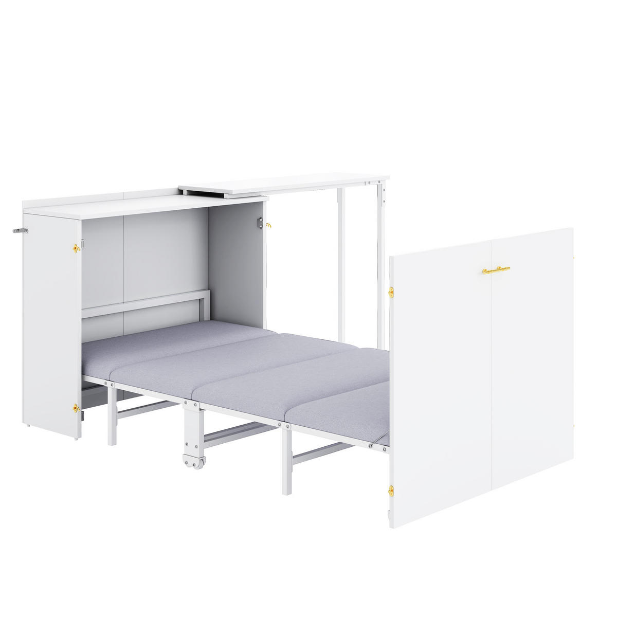 SCHRANKBETT 90/200 cm in Weiß mit drehbarem Schreibtisch, Rollen und Matratze - Weiß, Holzwerkstoff/Metall (90/200cm) - WISHDOR