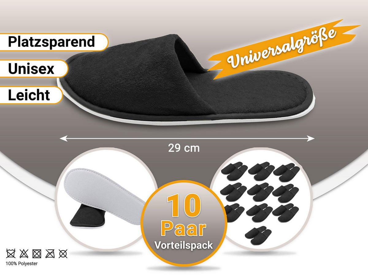 FROTTIERSLIPPER, 10er-Set, Universalgröße, 100% Polyester, Schwarz - Schwarz, Textil (5/1/29cm) - Zollner