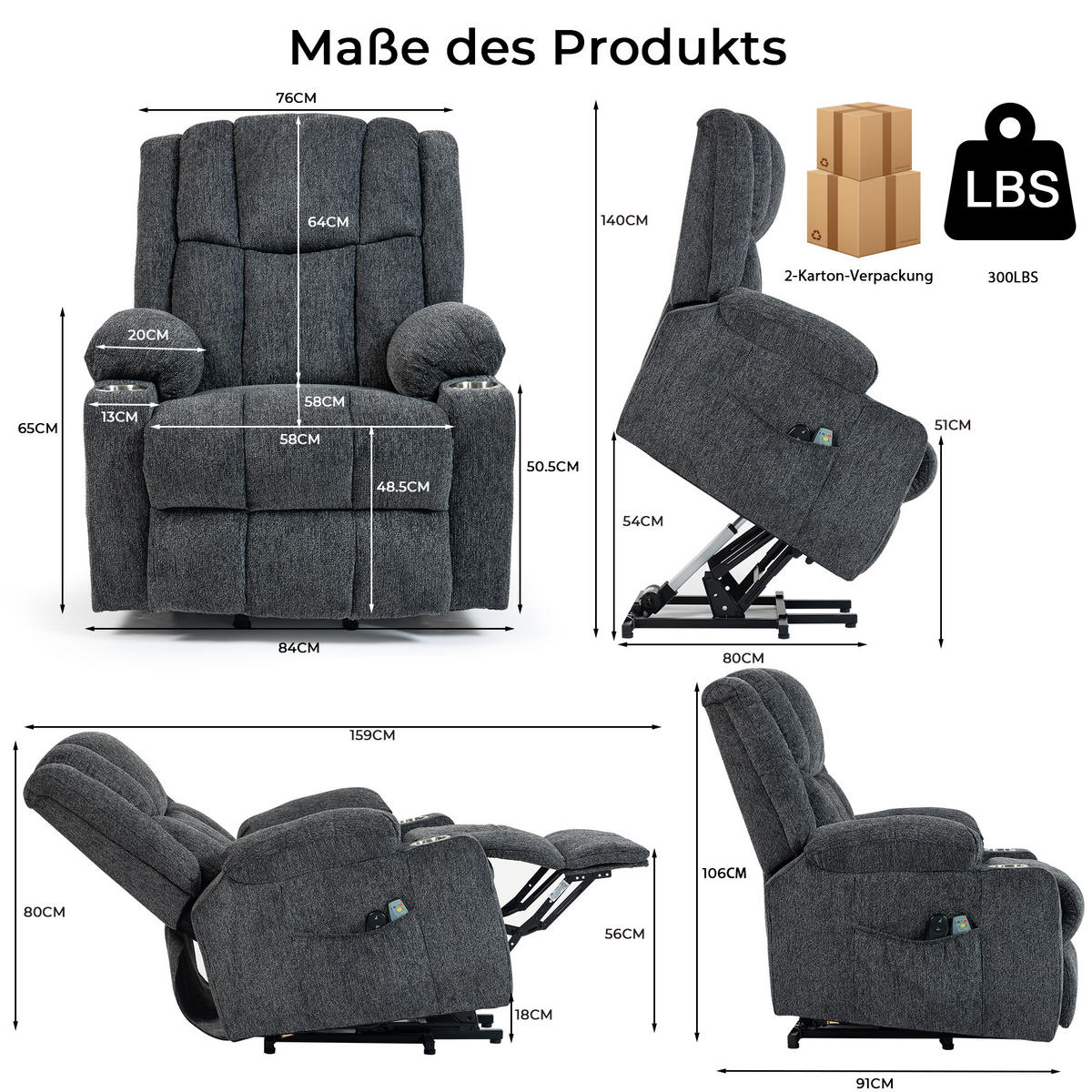 ELEKTRISCHER Relaxsessel Samt mit Aufstehhilfe, Massage, Wärme 91/84/106 cm Dunkelgrau - Dunkelgrau, Textil (84/106/91cm) - Redom