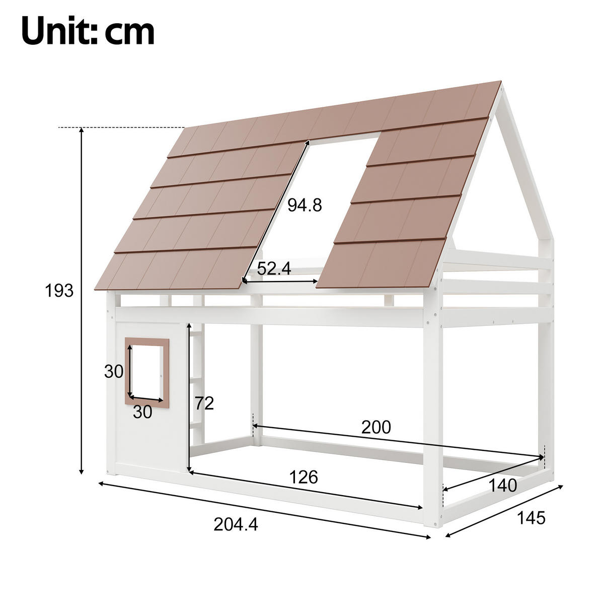 ETAGENBETT 140/200 cm, Braun/Weiß mit Dach und Leiter - Weiß, Holz (140/200cm) - MIVRAY