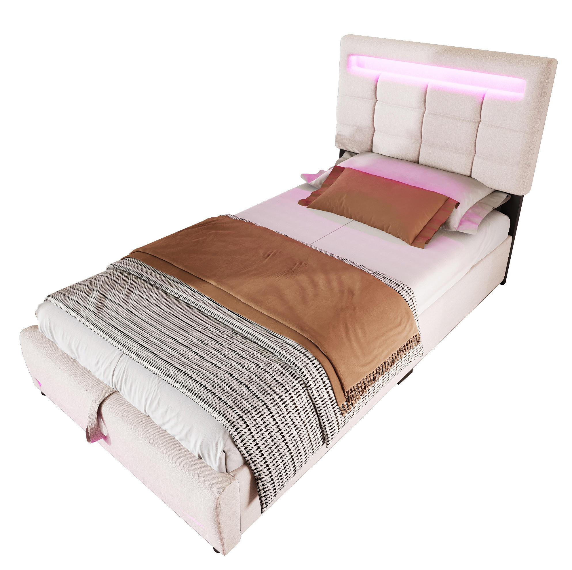 BETT mit Stauraum und LED 90x200 cm Leinen Beige - Beige, Metall (90/200cm) - Meubliv