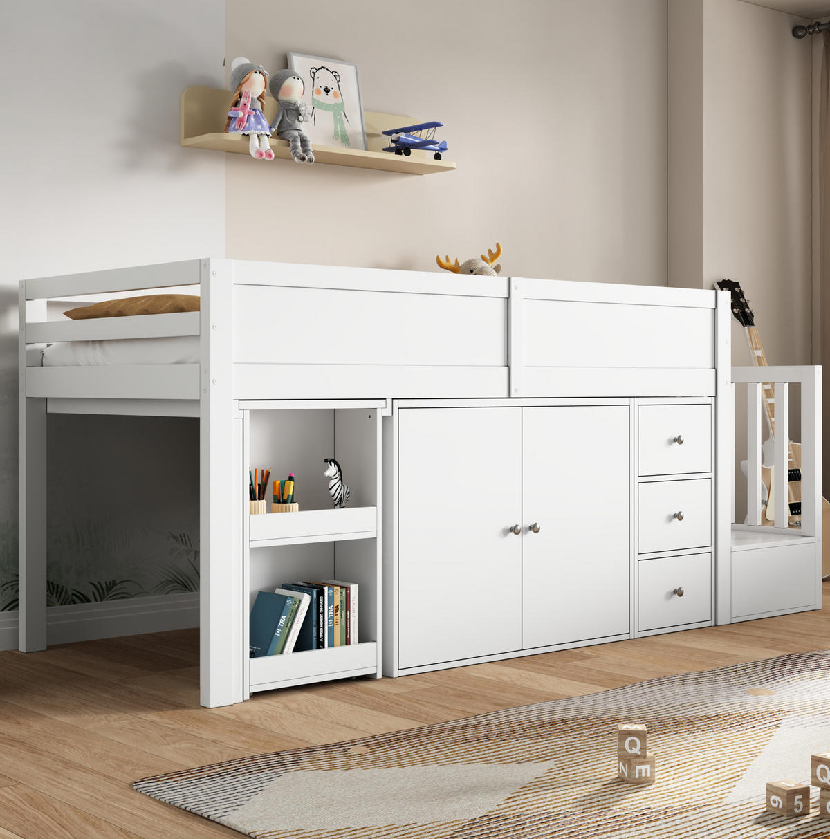 HOCHBETT 90/200 cm mit ausziehbarem Schreibtisch, Schrank, Schubladen und Treppenschrank aus MDF, Weiß - Weiß, Holzwerkstoff (90/200cm) - Redom