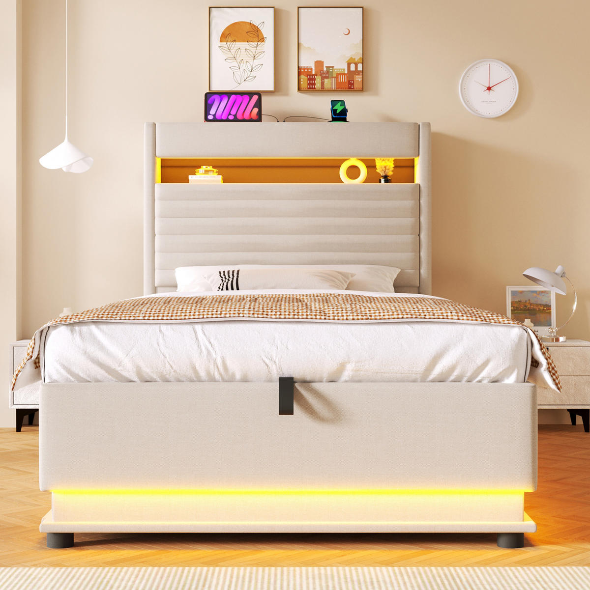 POLSTERBETT 90/200 cm Beige mit LED-Beleuchtung, USB- und Typ-C-Anschluss, hydraulischem Stauraum aus Leinen - Beige, Textil (90/200cm) - OKMYHOME