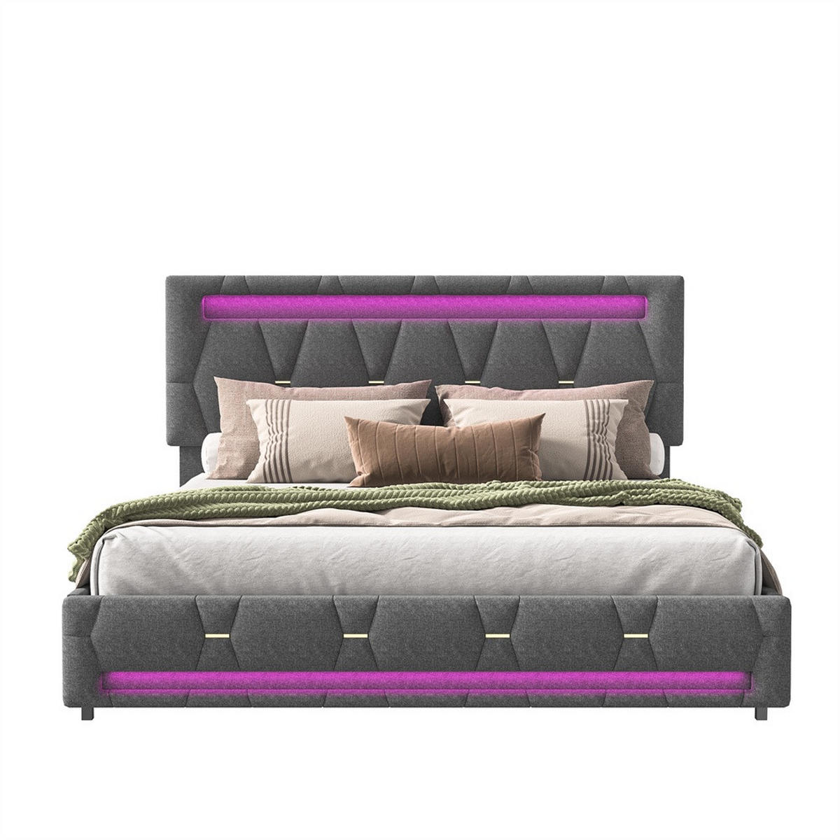 POLSTERBETT 140x200 cm - Doppelbett mit 4 Schubladen und LED-Beleuchtung - ohne Matratze - Grau - Grau, Textil (140/200cm) - DELFA