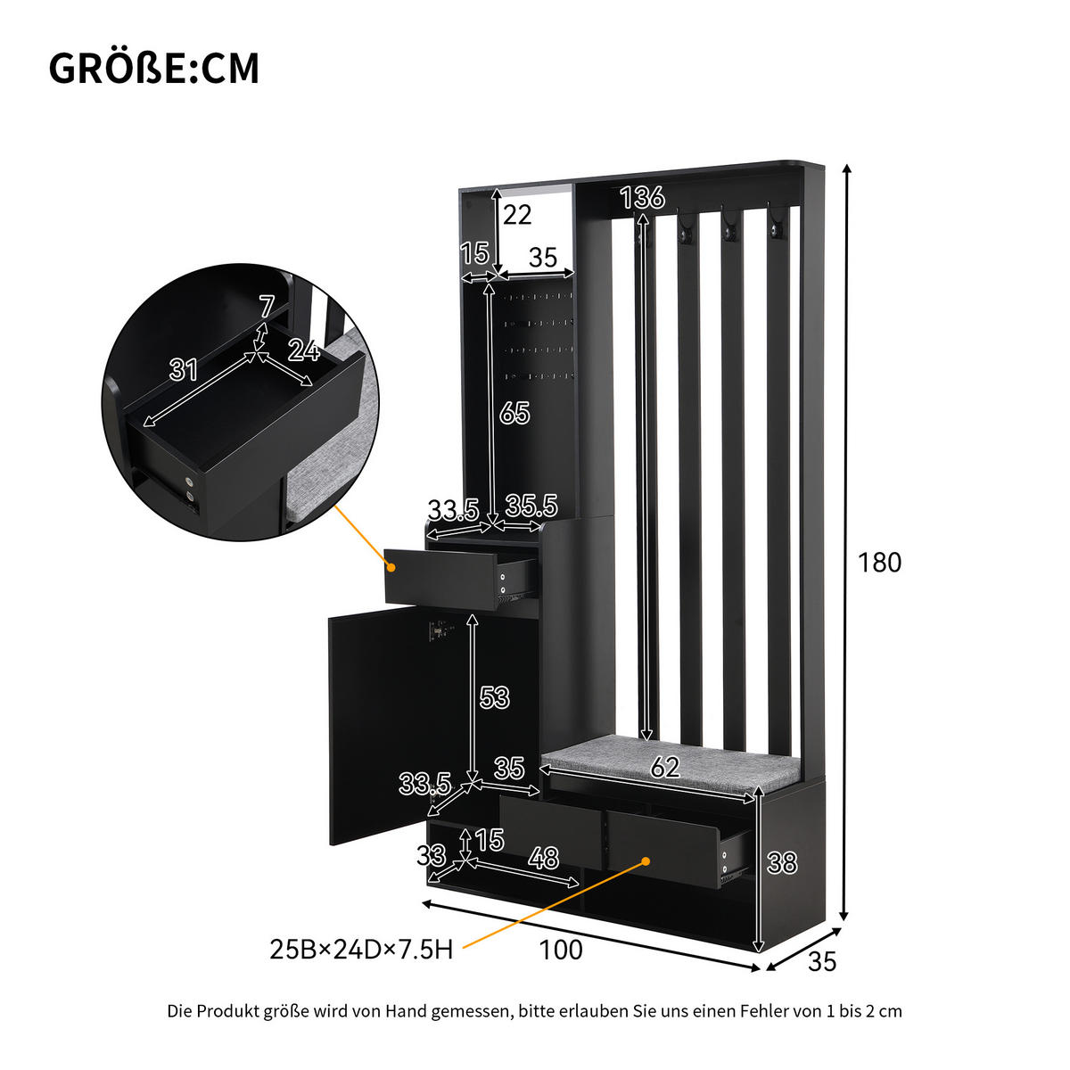SCHUHSCHRANK aus MDF H180 & B100 & T35cm in Schwarz mit Sitzbank & Stecktafel - Schwarz, Holzwerkstoff (100/180/35cm) - Modfu