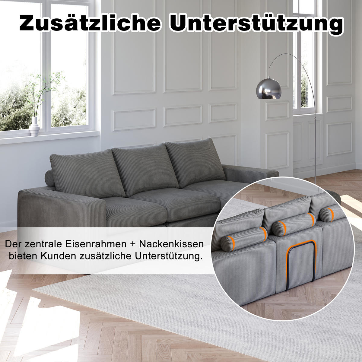 ECKSOFA DE-34529 modular mit 3 Nackenkissen Dunkelgrau - Dunkelgrau, Textil (160/251cm) - ComfortXL