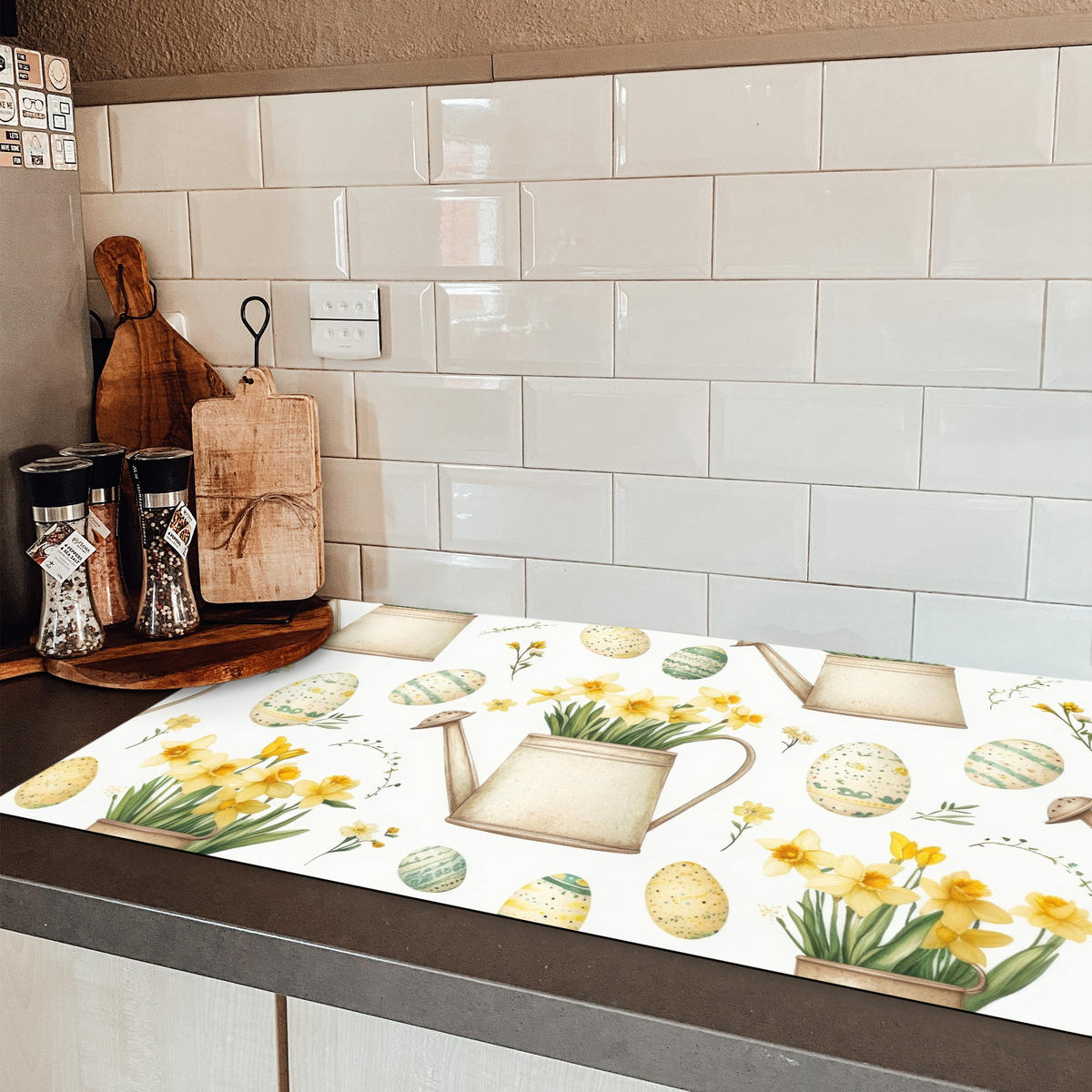 HERDABDECKPLATTE Gießkanne - Blumen - Eier Induktionsschutz 91.6x52.7 cm - Weiß, Kunststoff (91.6/52.7/0.2cm) - MuchoWow