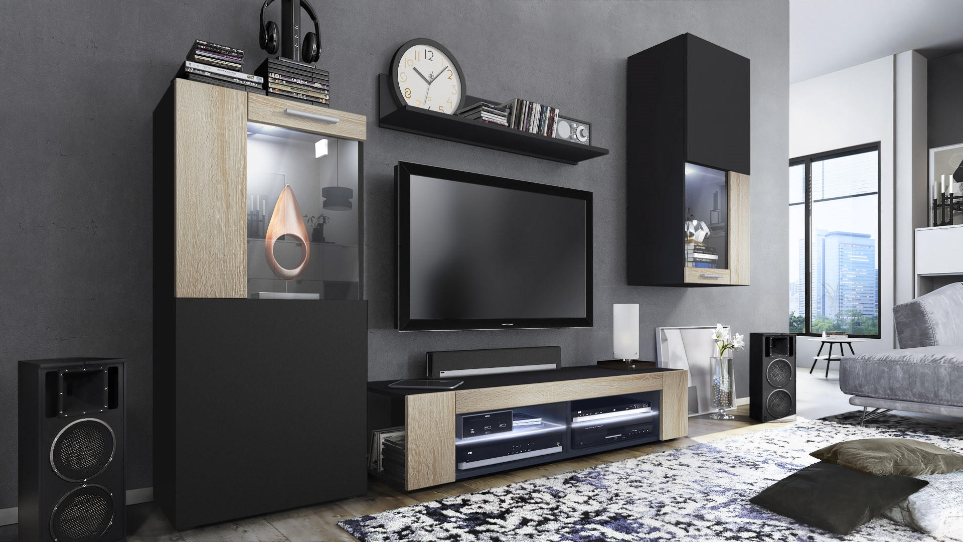 Vladon Wohnwand Eiche San Remo 300x190x39 cm