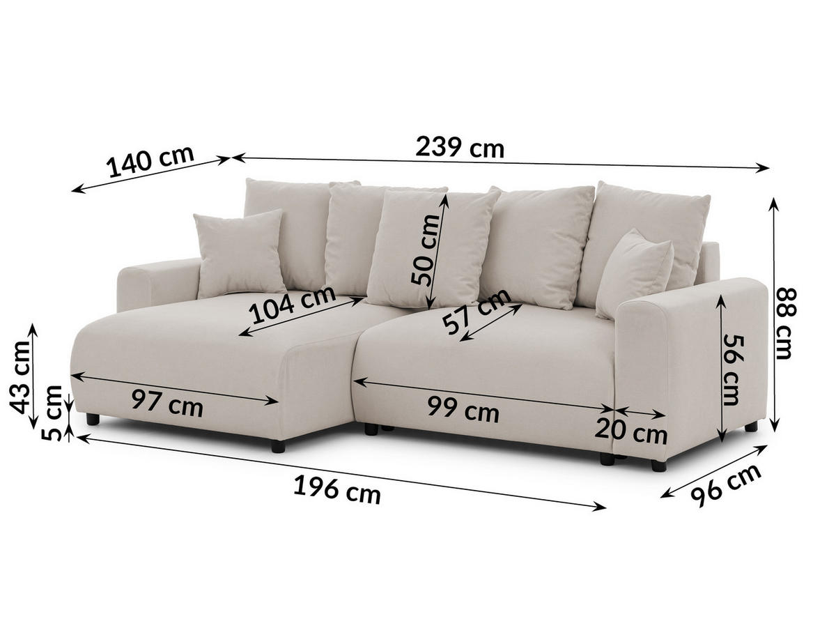 ECKSOFA Calma mit Schlaffunktion und Bettkasten im Bumpy-Design aus weichem Beige Webstoff - Ottomane links - Beige/Schwarz, Holz/Kunststoff (239/140cm) - S-Style