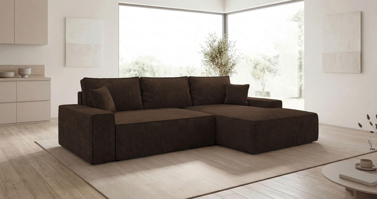 ECKSOFA VERONA rechts braun Cord Poso 6 - Schlaffunktion, Bettkasten - Braun, Textil (280/184cm) - Cornero