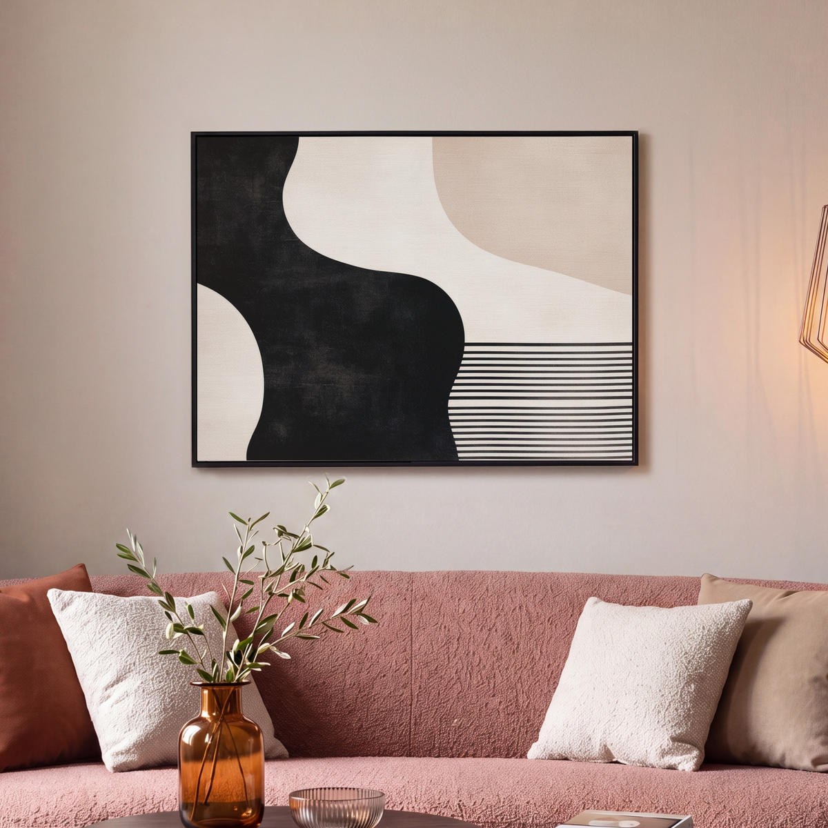 LEINWAND Bilder mit Rahmen - Abstrakt - Japandi - Beige - Modern - 70x50 - Schwarz, Textil (70/50cm) - MuchoWow