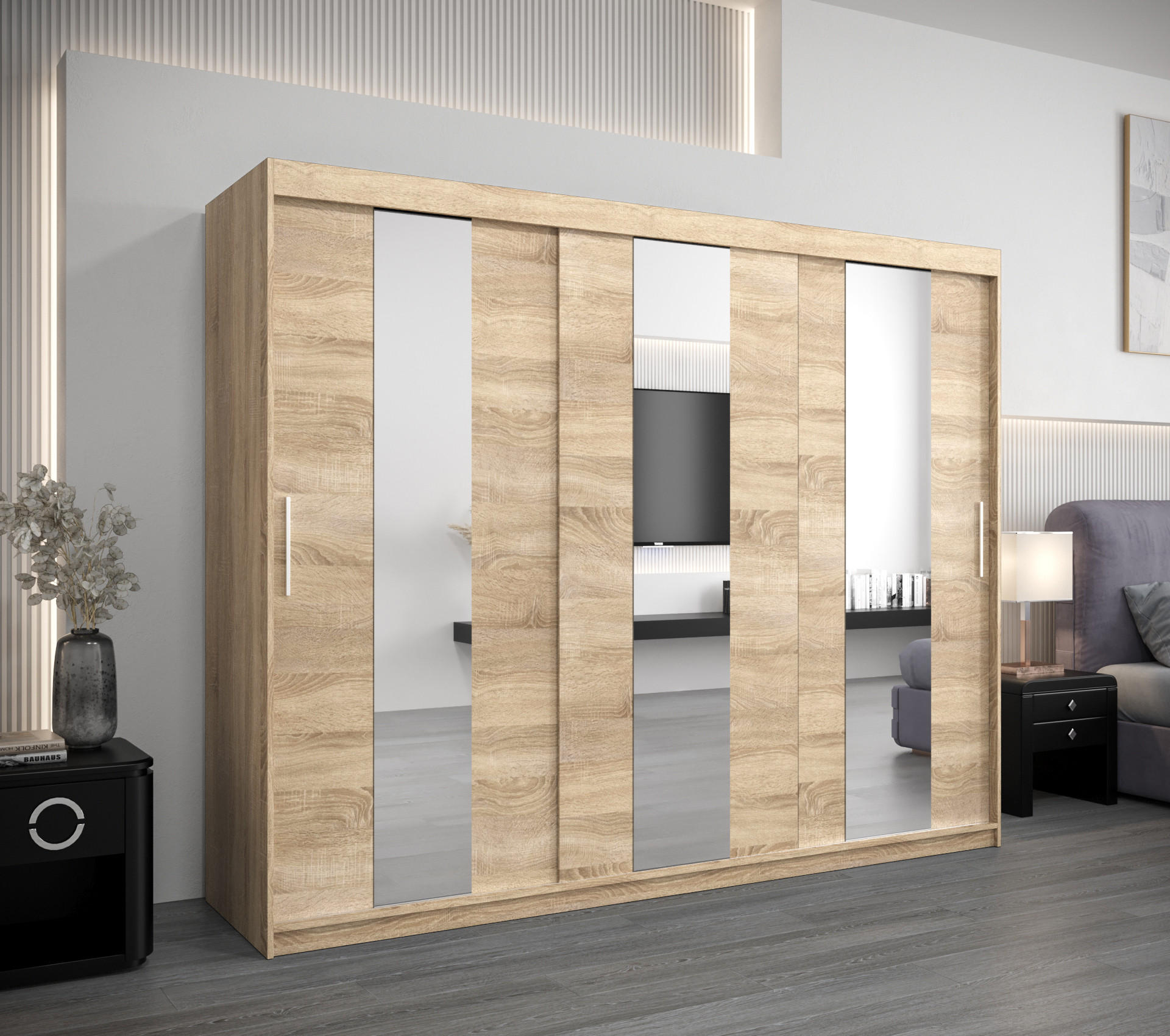 SCHWEBETÜRENSCHRANK 200/250/62 3-türig - Silberfarben/Sonoma Eiche, Holz/Kunststoff (250/200/62cm) - MÖBEL KRYSPOL
