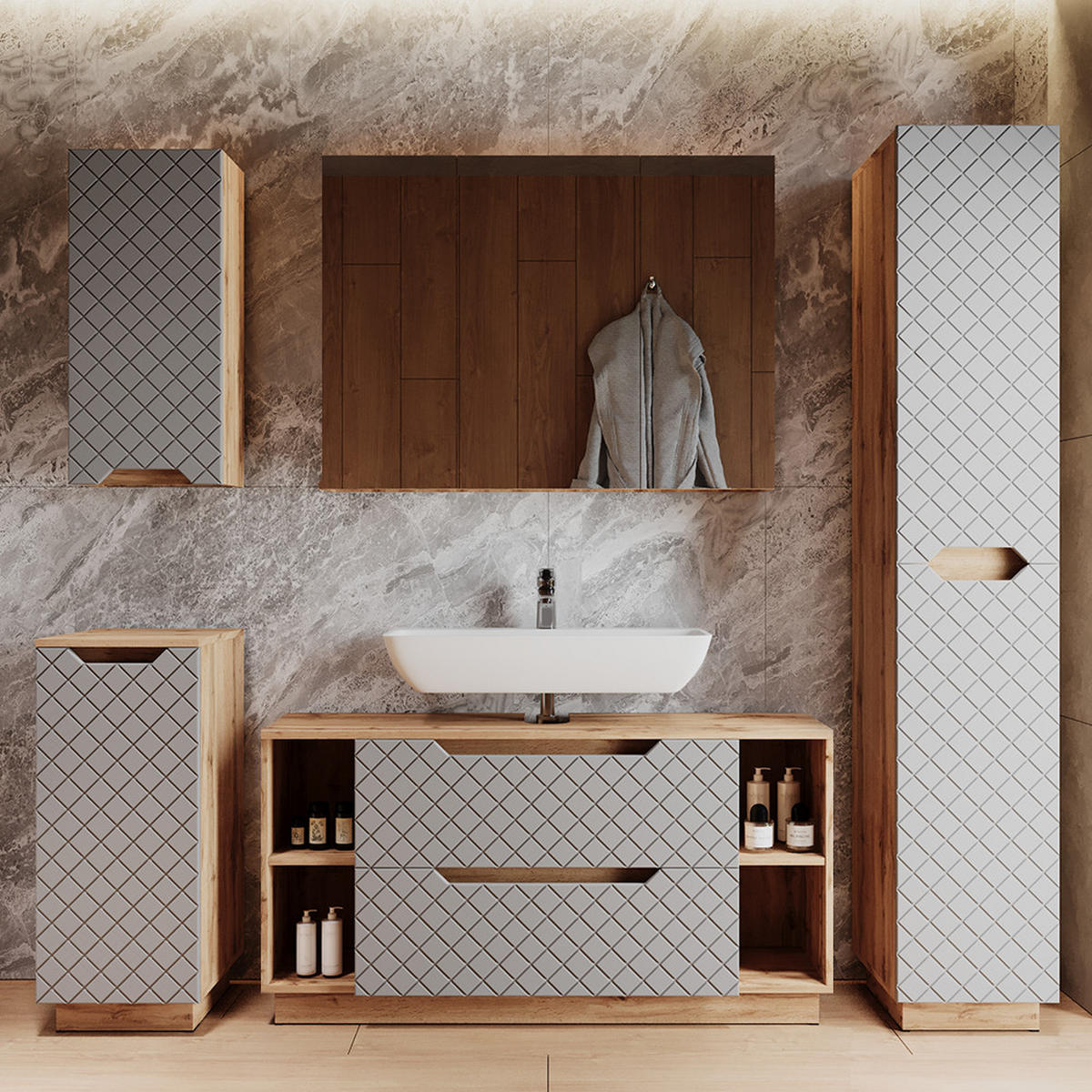 DOLNÍ SKŘÍŇKA POD DŘEZ Lotta Dub/šedá se strukturou dlaždic - šedá/barva dubu, kompozitní dřevo (119.2/62.5/32cm) - Vicco