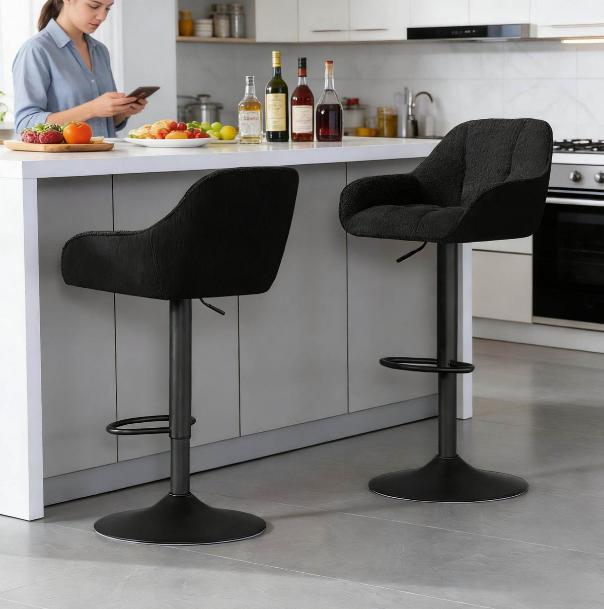 BARHOCKER 2er-Set höhenverstellbar 52 x 50 cm Chenille/Corduroy Schwarz - Schwarz, Metall (52/109/50cm) - Meubliv