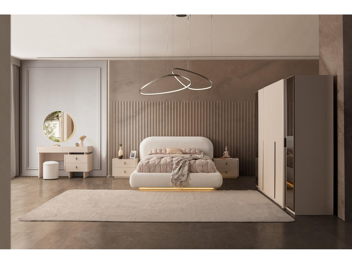 BETTANLAGE ALASKA Schlafzimmer-Set, 5-teilig, Creme, Bett mit Kopfteil, 2 Nachttische, Kleiderschrank und Kommode - Creme, Holzwerkstoff (160/200cm)