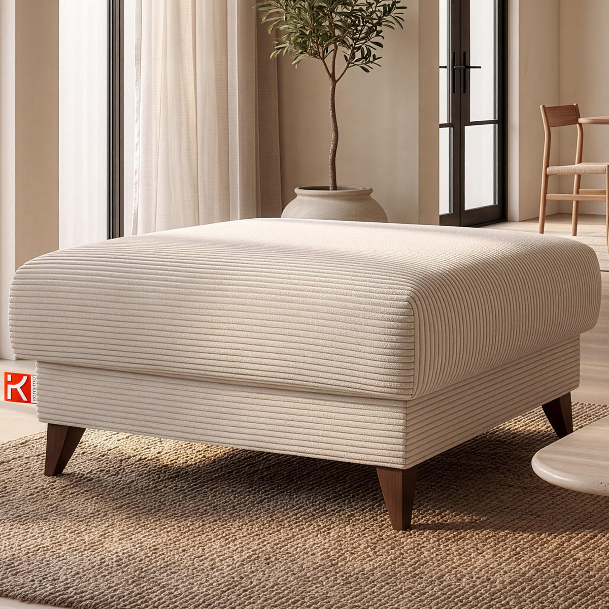 HOCKER GUSTAVO II, Cremefarbig - Creme/Braun, Holz/Holzwerkstoff (92/49/92cm) - KONSIMO®