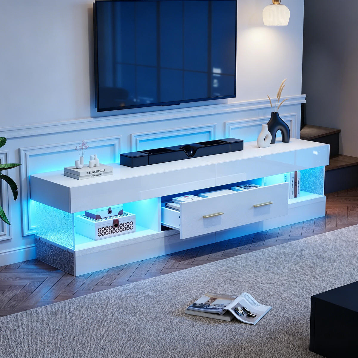 TV-ELEMENT152X35X40CM Weiß Lowboard mit App-gesteuerter LED-Beleuchtung - Weiß, Holz (46.71/18.21/89cm) - Raelunyi