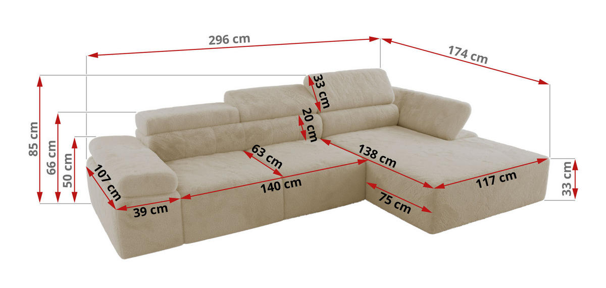 ECKSOFA RILASSO L Creme Plüsch - rechts - Creme/Schwarz, Kunststoff/Textil (174/296cm) - MKS