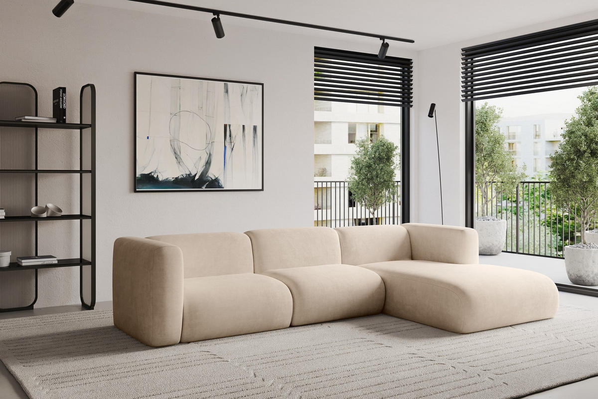 ECKSOFA Ottomane Rechts MIRA-L1 227x179x89 Beige Velours - Greige/Beige, Holzwerkstoff/Kunststoff (227/179cm) - ALTDECOR