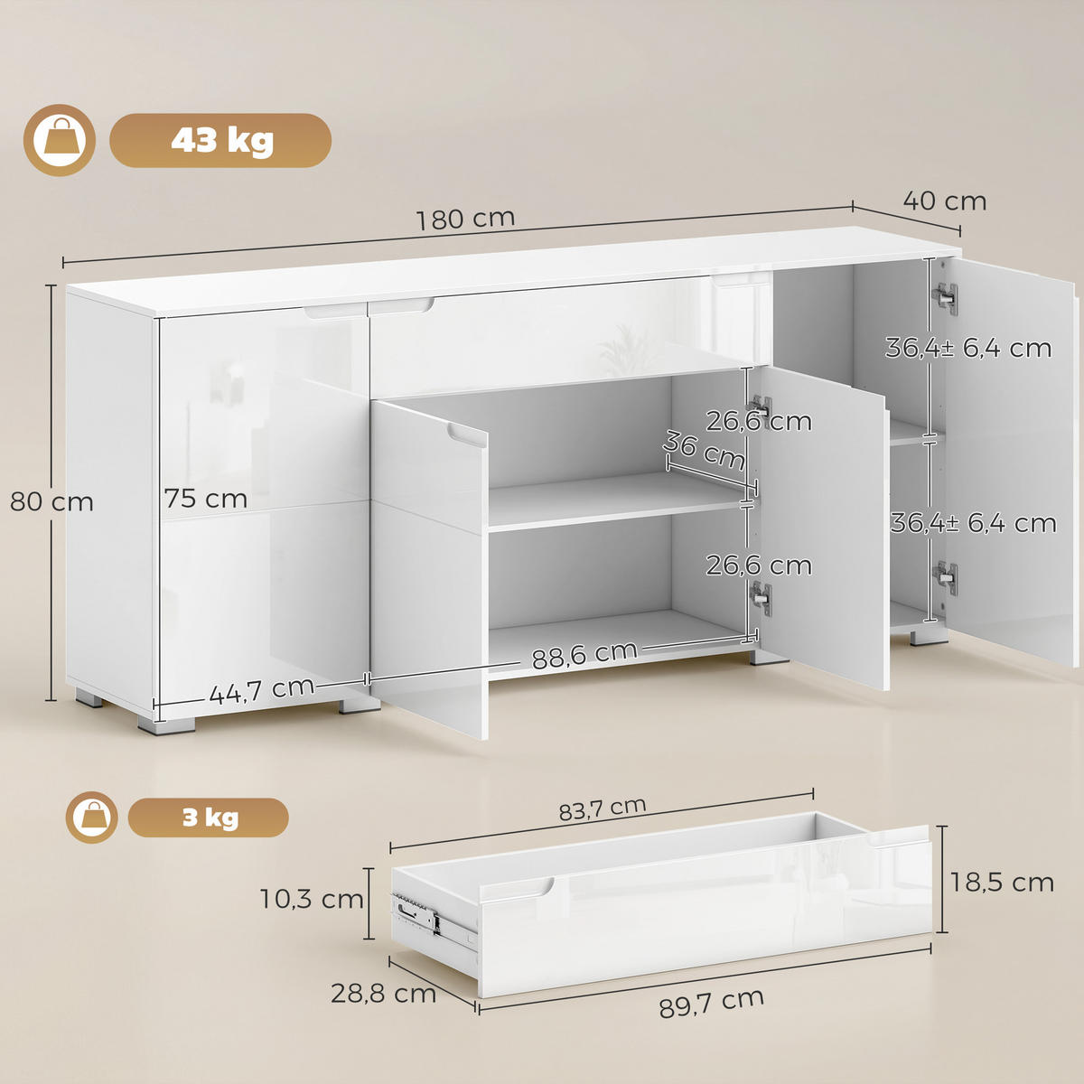 SIDEBOARD Weiß Hochglanz, 4 Türen, 180/40/80 cm - Weiß Hochglanz, Holz (180/80/40cm) - PANGIVO