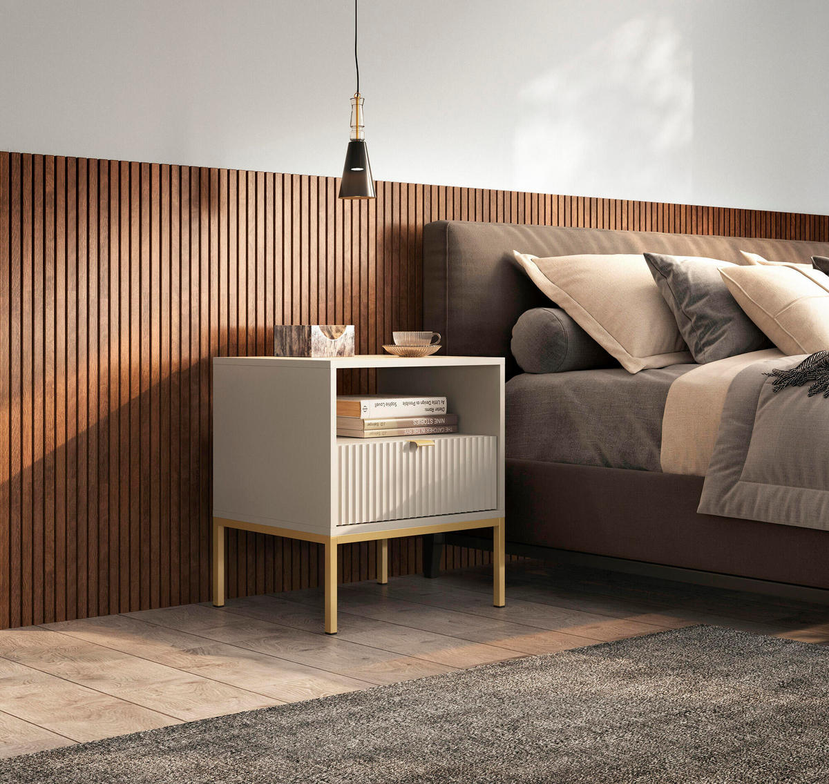 NACHTTISCH AVON Beige, Gold 54x39x56 cm - Beige/Goldfarben, Holzwerkstoff (54/56/39cm) - FURNLUX