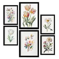 POSTER Set Mit 6 Pastellblumen Vollfarbige Natur Und Botanikdrucke Mit Blumenmotiven Auf Reinweißen Hintergründen A3 & A4 Schwarzer Rahmen - Schwarz, Papier (29/3cm) - Nacnic